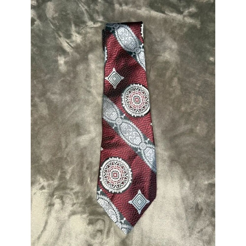 VTG 80s Angelo Correlli Tie Burgundy Silver Geometric Medallion Retro Necktie